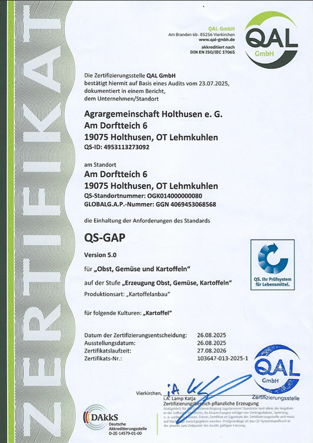 Agrargemeinschaft Holthusen e.G. - Landwirtschaftlicher - Zertifikat